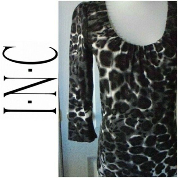 INC KNIT TOP SCOOP NECK 3/4 SLEEVES ANIMAL PRINT SMALL PETITE  SP - Picture 1 of 5